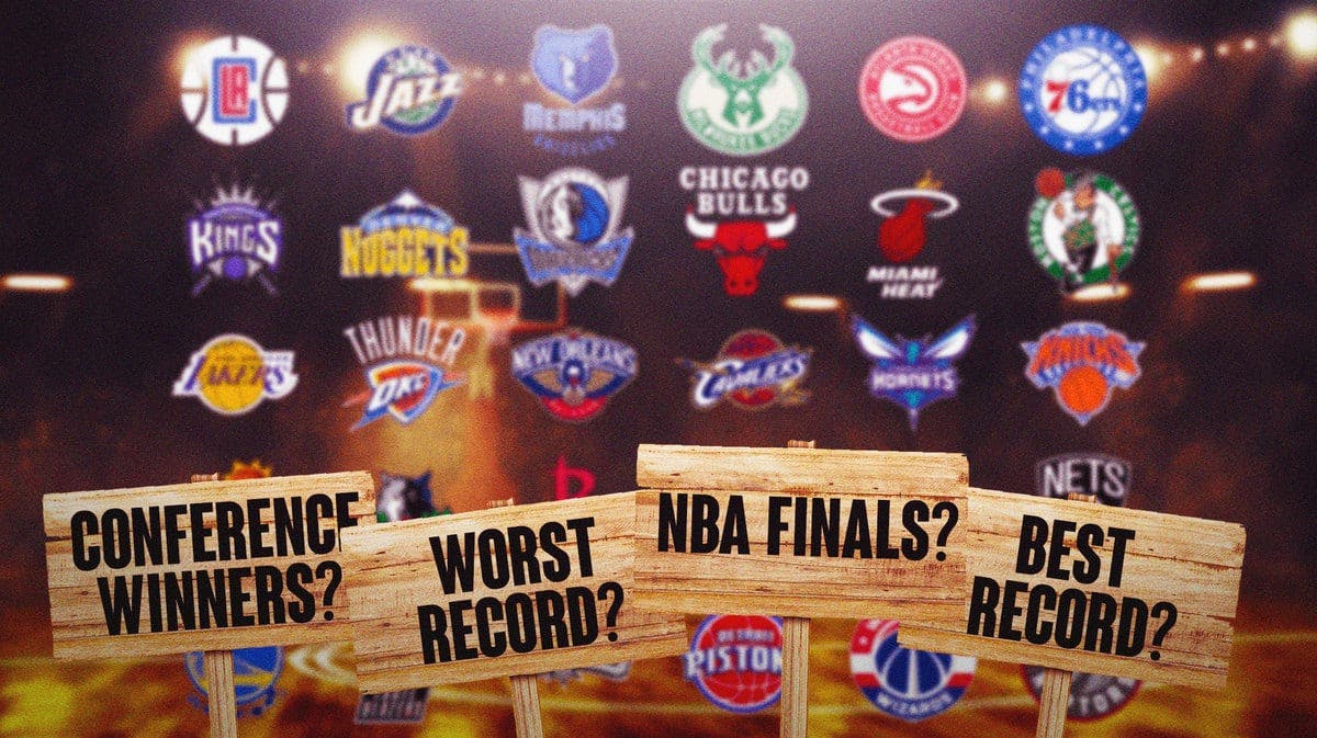 All NBA team logos with signs that say conference winners, worst record, nba finals and best record, 2023-24 NBA season