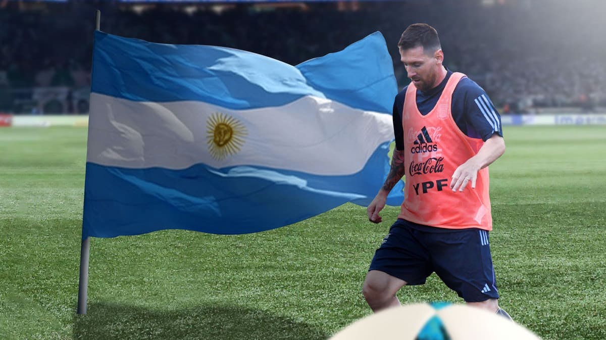 Lionel Messi training in front of the Argentina flag, World Cup