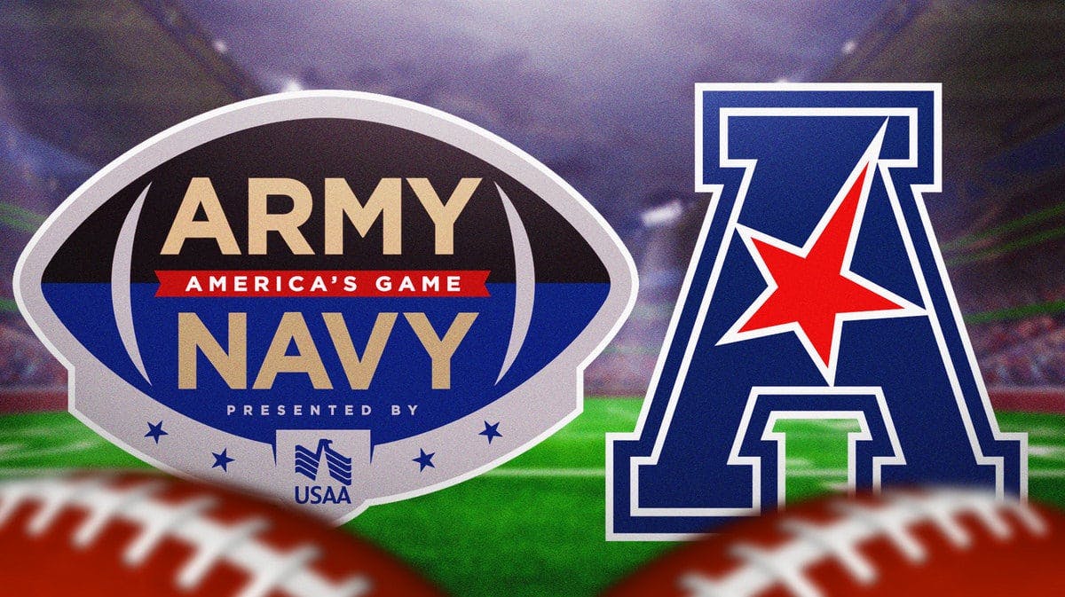 Army-Navy football game logo next to the AAC football conference logo
