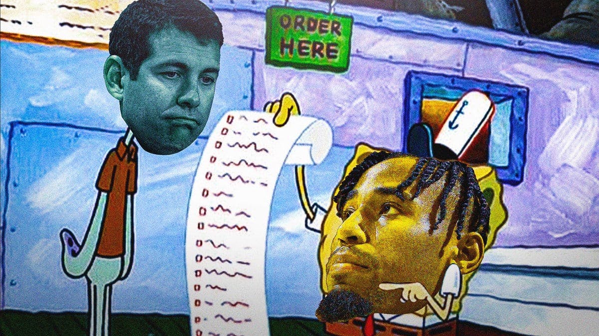 Pacers' Aaron Nesmith's head on SpongeBob Squarepants holding a list of receipts with Celtics president Brad Stevens' head on Squidward