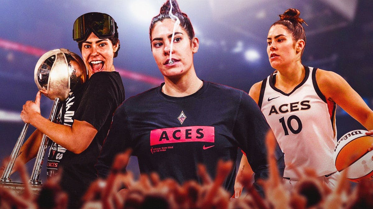 Aces' Kelsey Plum smoking cigar after 2022 WNBA Finals on the left, with a pic of Plum celebrating the 2023 WNBA Finals win on the right