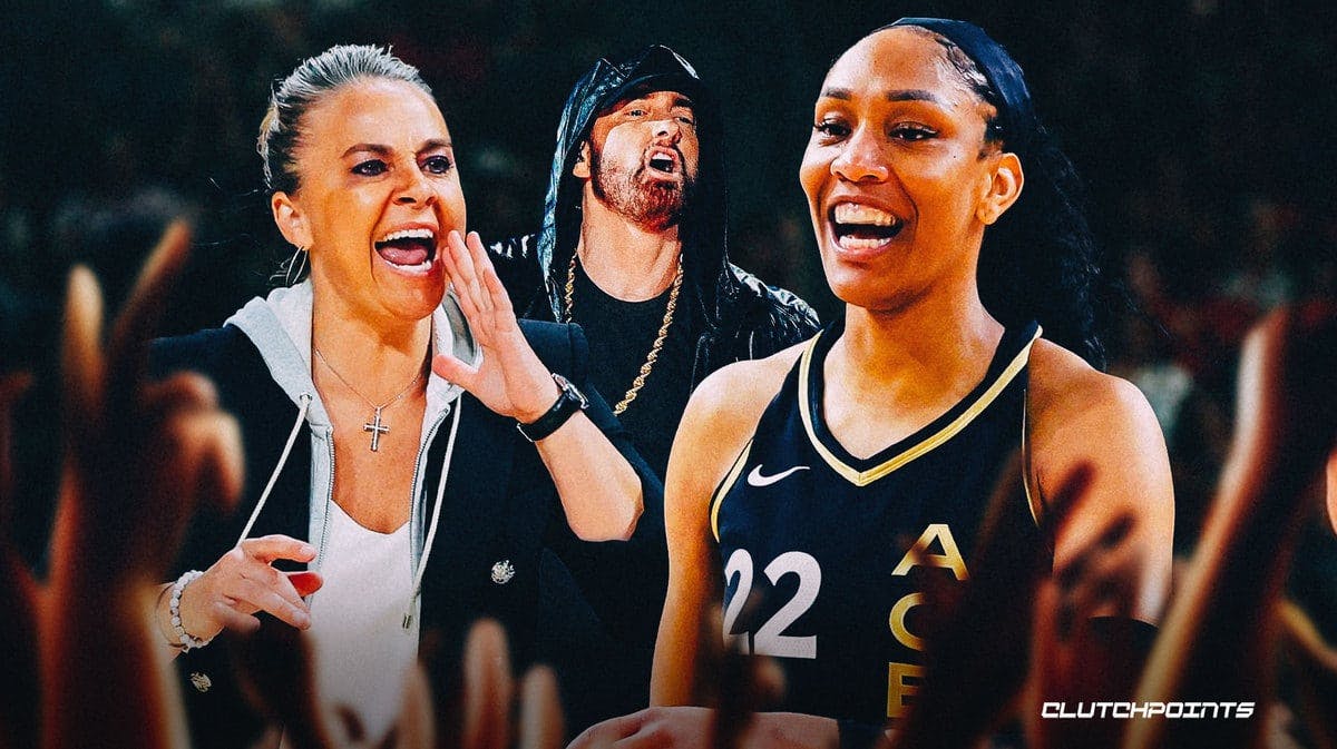 Las Vegas Aces head coach Becky Hammon, rapper Eminem, and 2023 WNBA Finals MVP A'ja Wilson.
