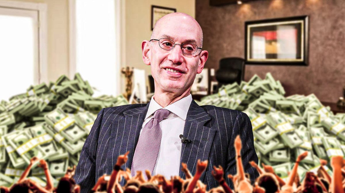 NBA commissioner Adam Silver surrounded by piles of cash.