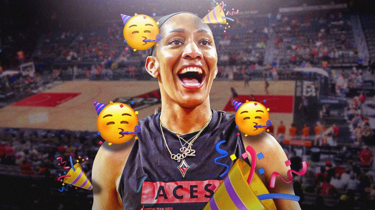 Aja Wilson celebrating the Las Vegas Aces victory in the 2023 WNBA Finals