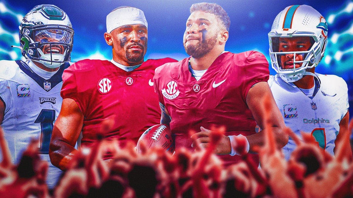 Tua Tagovailoa and Jalen Hurts in their Alabama uniforms and their respective NFL uniforms