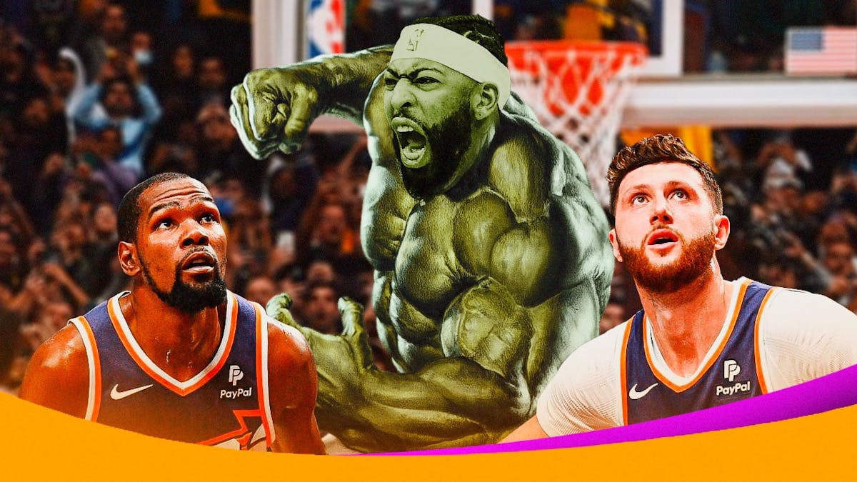 Lakers' Anthony Davis as the Hulk near the rim, with Suns' Kevin Durant and Jusuf Nurkic cowering in fear