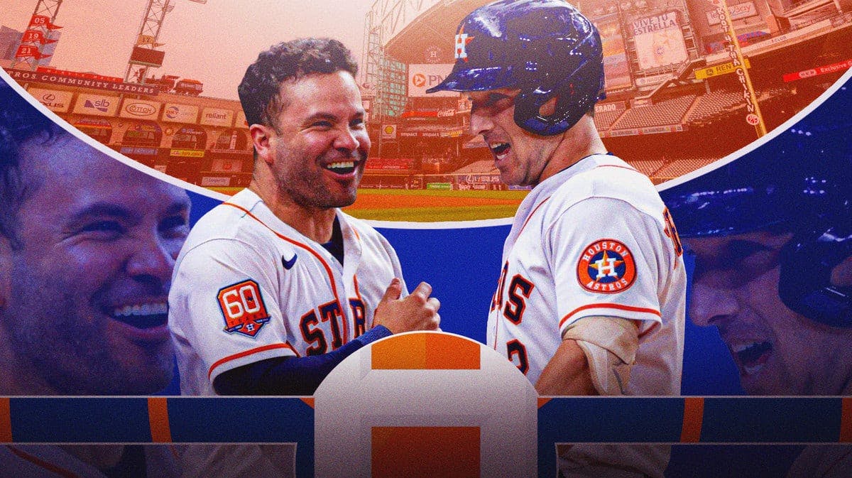 Astros' Alex Bregman and Jose Altuve (find a pic of them together) being so happy, Minute Maid Park in the background