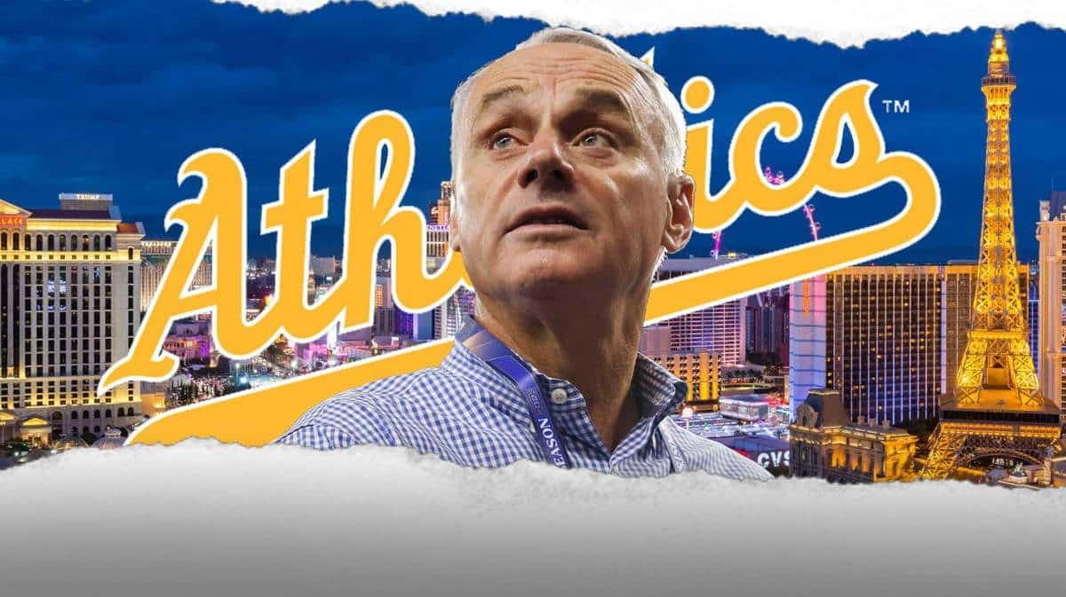 Rob Manfred and the Athletics' logo in front. Have the city of Las Vegas in background