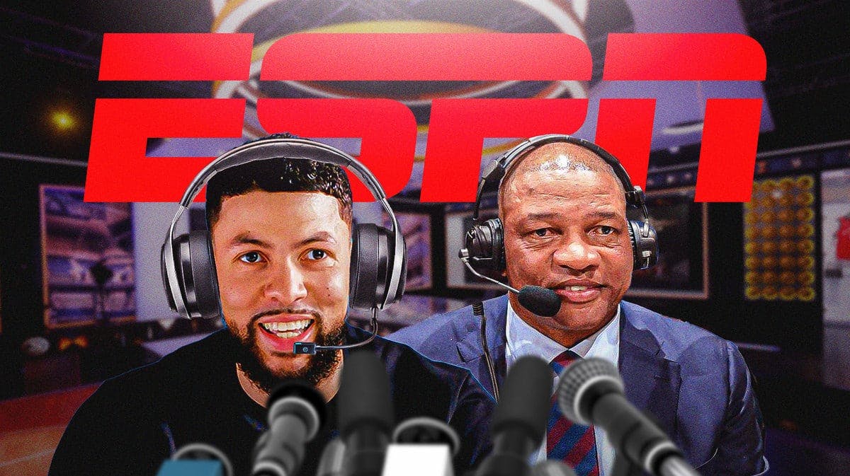 Austin Rivers sits beside father and NBA basketball coach Doc Rivers as the two take on ESPN for the 2023-24 season.