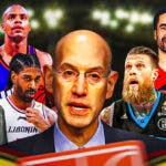 Adam Silver in front. On the right side is Jack Molinas, Roger Brown, OJ Mayo, Roy Tarpley, Richard Dumas. On the left side is Chris Birdman Anderson, Donald Sterling, and can add Jontay Porter to this side please.