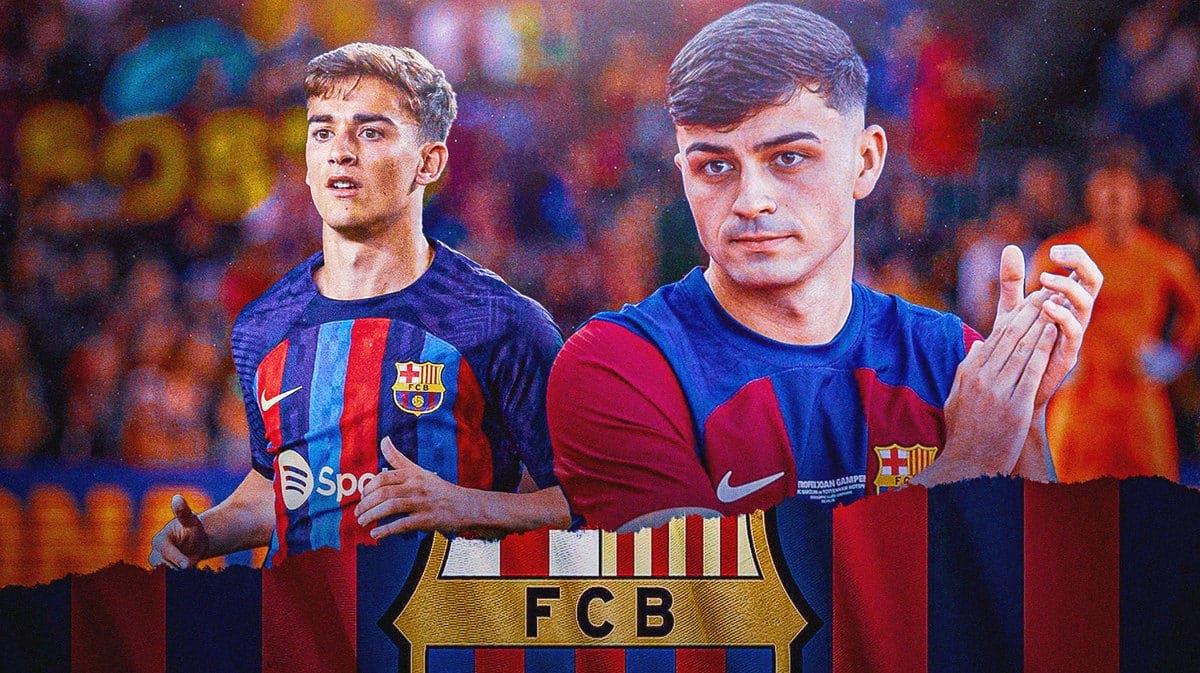 Pedri and Gavi in front of the Barcelona logo