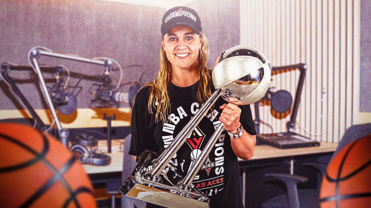 Becky Hammon with the championship trophy, with the background as a basketball court, and then something like a studio microphone/”podcast” microphone since she’ll be an analyst.