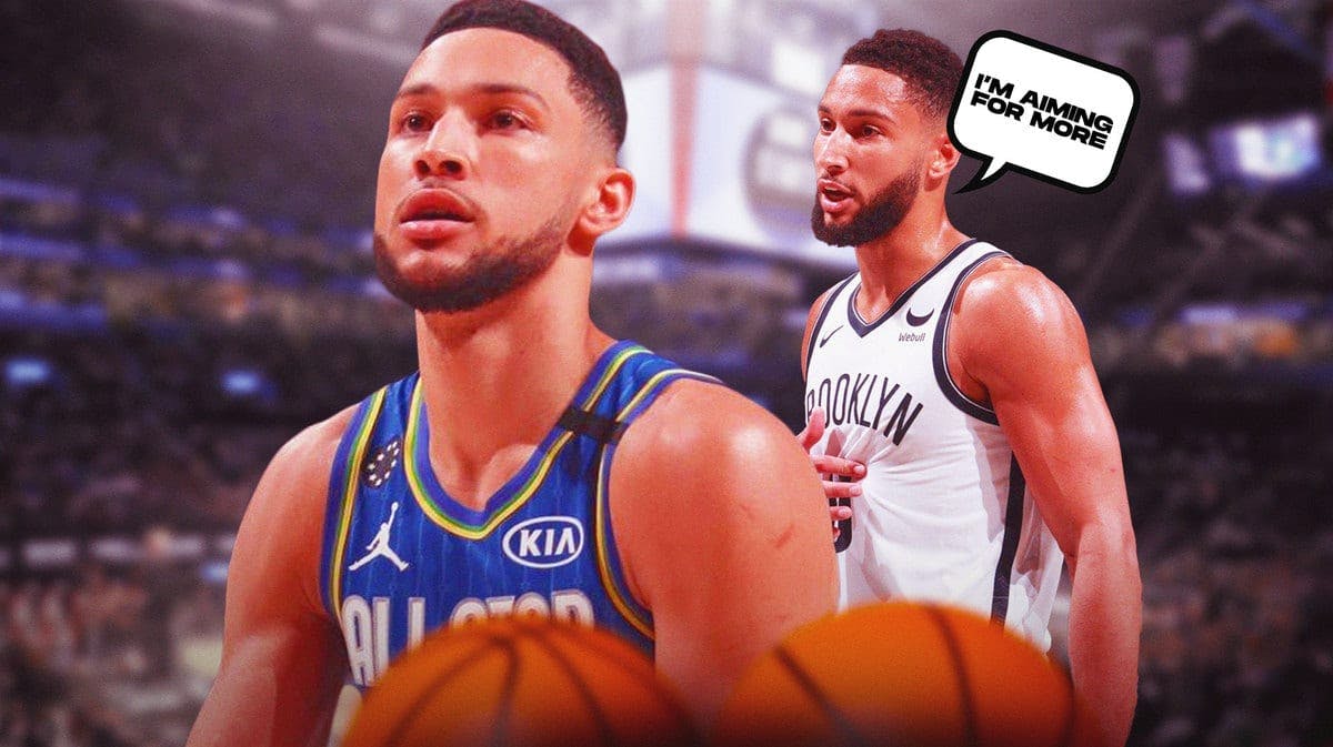 Ben Simmons saying "I want more" in Nets jersey looking at himself in All-Star Game jersey