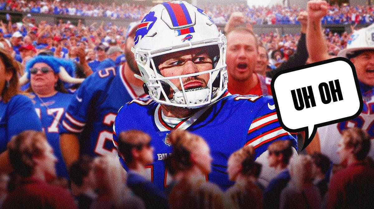 Buffalo Bills QB Josh Allen and fans looking at him with a speech bubble saying “Uh Oh”
