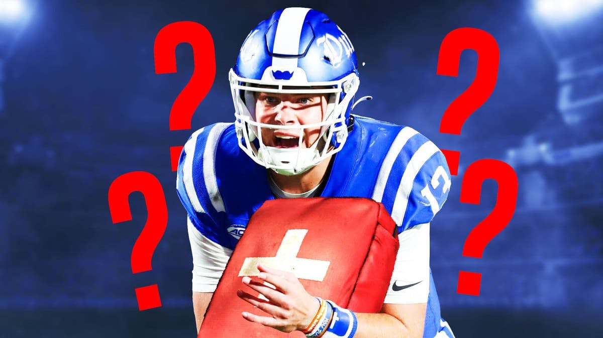 Duke QB Riley Leonard surrounded by question marks and a first aid kit