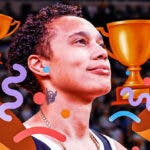 Brittney Griner of the WNBA smiling in the center of the image, with trophy emojis and the celebrating confetti emoji along the bottom border of the image