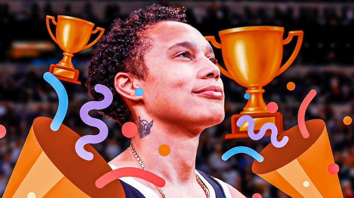 Brittney Griner of the WNBA smiling in the center of the image, with trophy emojis and the celebrating confetti emoji along the bottom border of the image