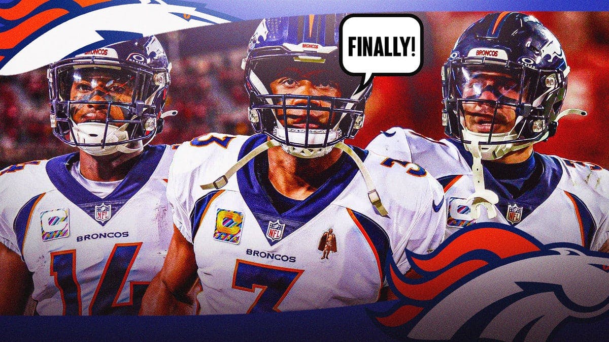 Denver Broncos Russell Wilson in center of image and a speech bubble “Finally!” and next to him in background Broncos' Courtland Sutton on left and Justin Simmons on right