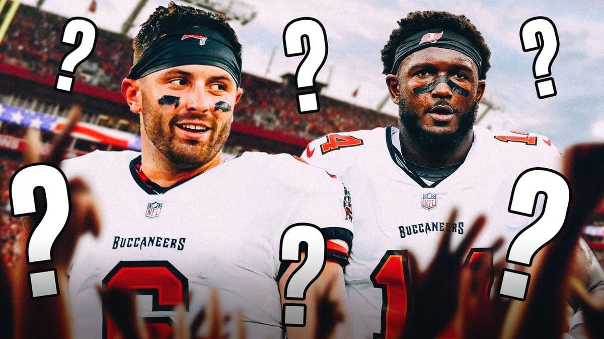 Image: Baker Mayfield and Chris Godwin on either side of image with just a few question marks, TB Buccaneers logo, football field