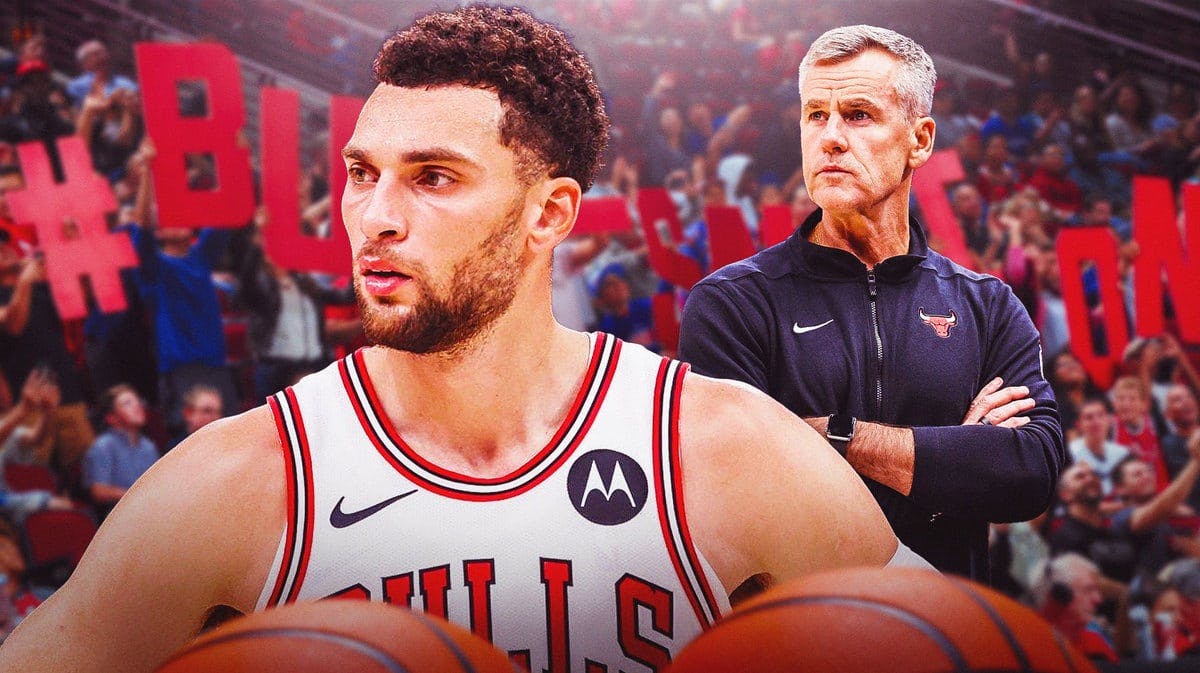 Bulls guard Zach LaVine and coach Billy Donovan standing in front of fans