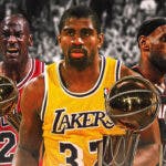 Nikola Jokic Nuggets, Michael Jordan Bulls, Magic Johnson Lakers, LeBron James Heat, Dirk Nowitzki Mavericks all together with the Larry O’Brien Trophy.