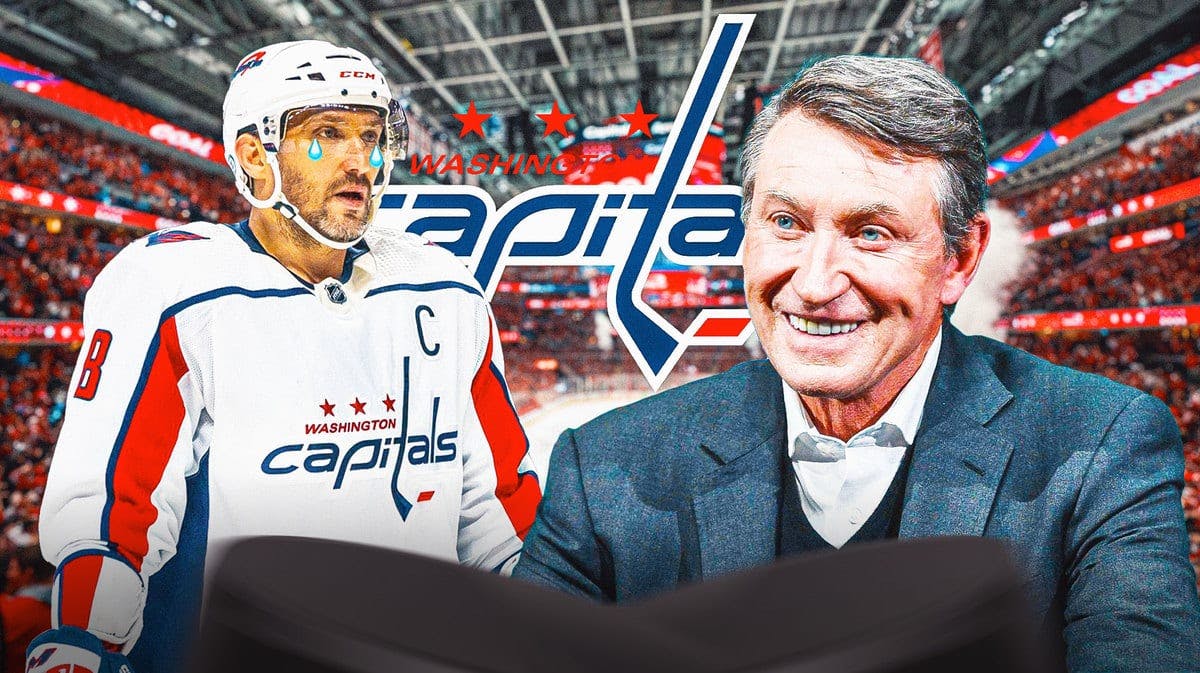 Washington Capitals forward Alex Ovechkin next to hockey legend Wayne Gretzky. The Capitals logo and Capitals home rink in the background.