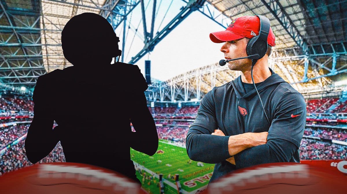 Arizona Cardinals head coach Jonathan Gannon looking at a silhouette of quarterback Josh Dobbs.