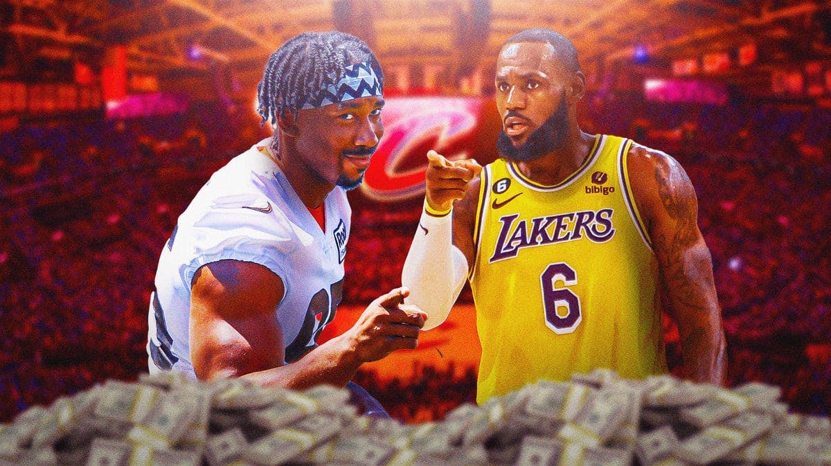 Myles Garrett and LeBron James over a pile of money
