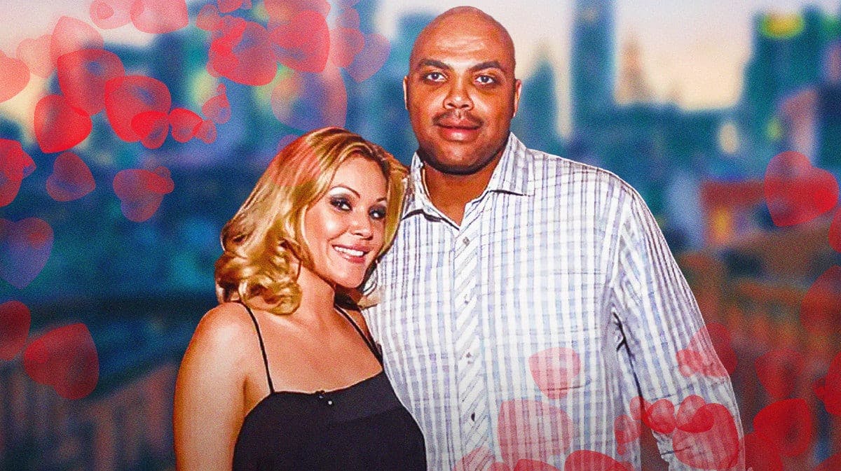 Charles Barkley and his wife Maureen Blumhardt surrounded by hearts.
