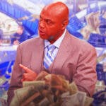 Charles Barkley surrounded by piles of cash.