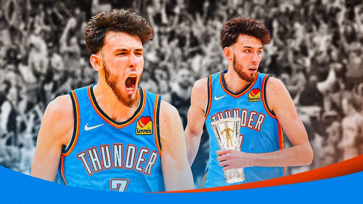 Thunder center Chet Holmgren hyped up on the left, with a pic of him holding the Rookie of the Year trophy on the right