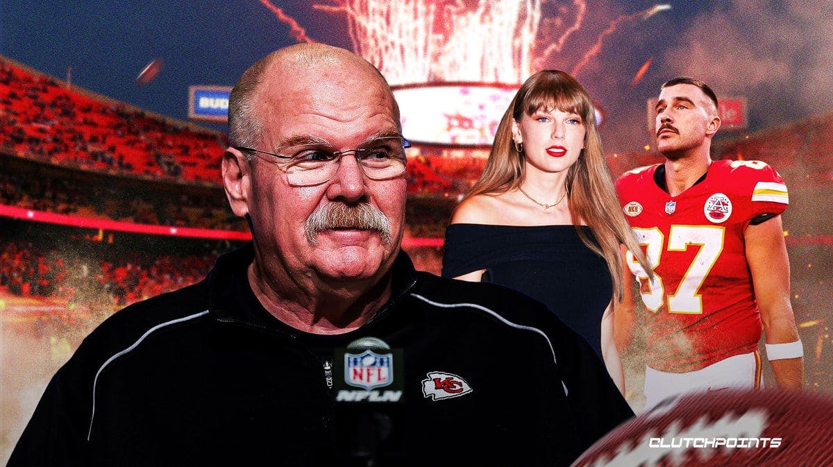 Andy Reid smiling. Taylor Swift and Travis Kelce holding hands