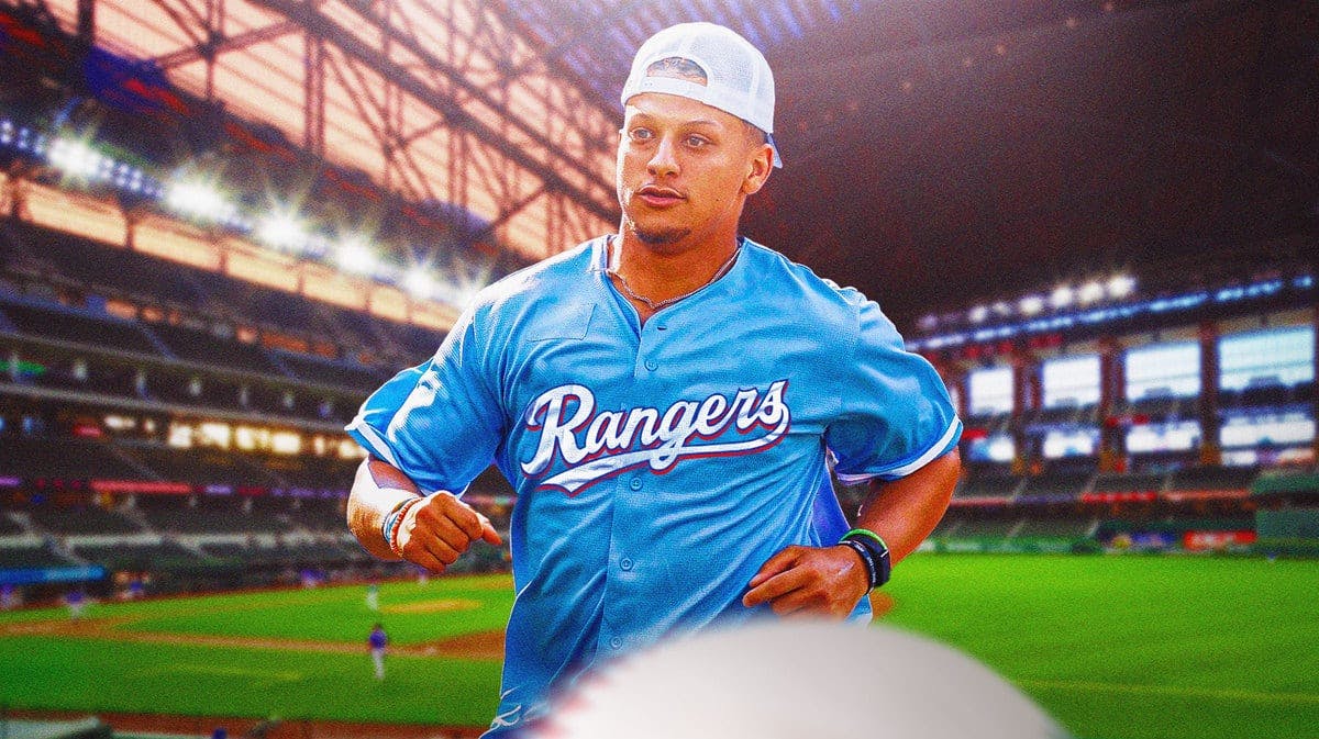 Patrick Mahomes in a Texas Rangers jersey. Globe Life Field background