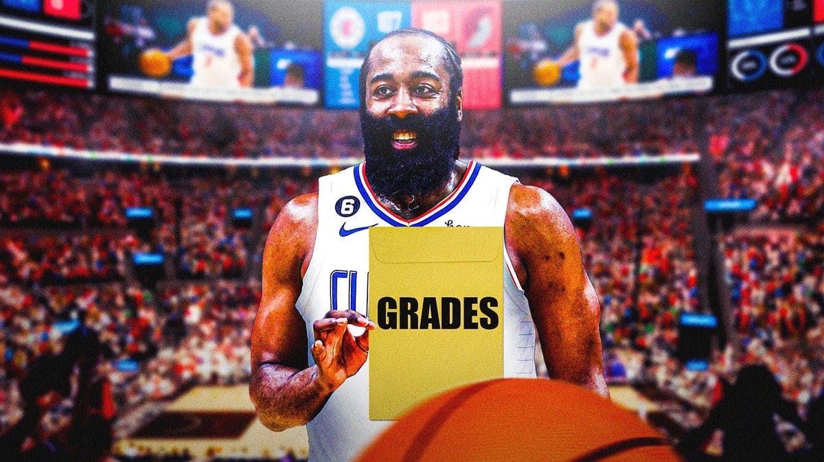 James Harden in a Clippers jersey holding a manila envelope that says "grades"