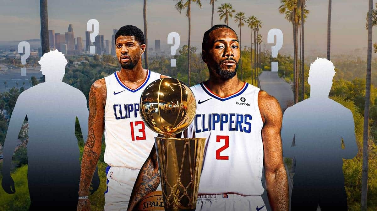 Clippers stars Kawhi Leonard and Paul George with silhouettes of Sixers MVP Joel Embiid and Cavaliers All-Star Donovan Mitchell with the Larry O'Brien trophy in the middle.