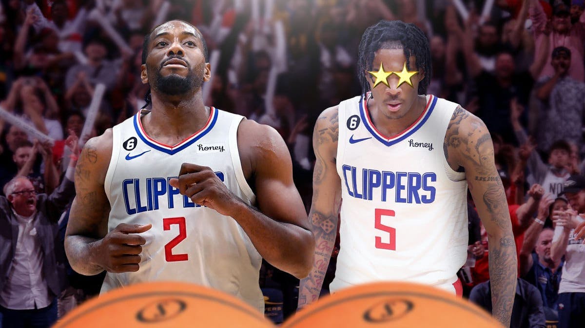 Bones Hyland in a Los Angeles Clippers jersey with stars in his eyes, Kawhi Leonard in a Clippers jersey