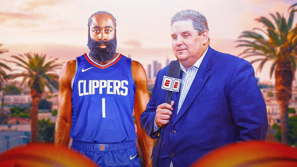 ESPN's Brian Windhorst with Clippers star James Harden in front of the city of Los Angeles.