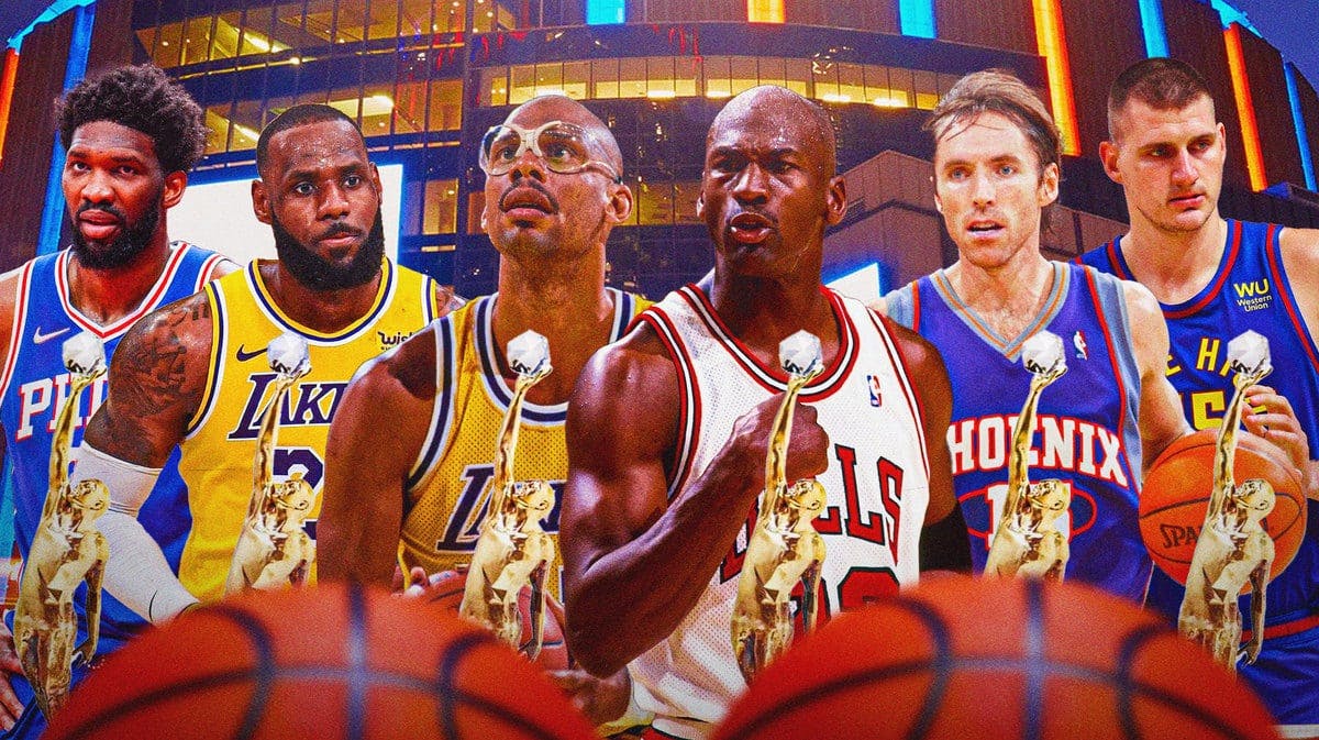 Kareem Abdul-Jabbar, Michael Jordan, Steve Nash, LeBron James, Nikola Jokic, Joel Embiid all together with the Michael Jordan NBA MVP Trophy in front of them.
