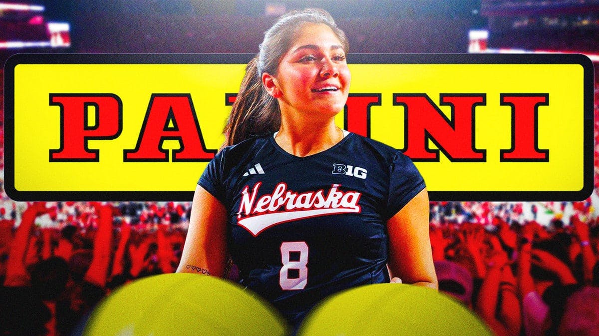 Lexi Rodriguez in her Nebraska women's volleyball uniform with close up of volleyballs in the foreground, and the Panini America logo behind Lexi Rodriguez’s head