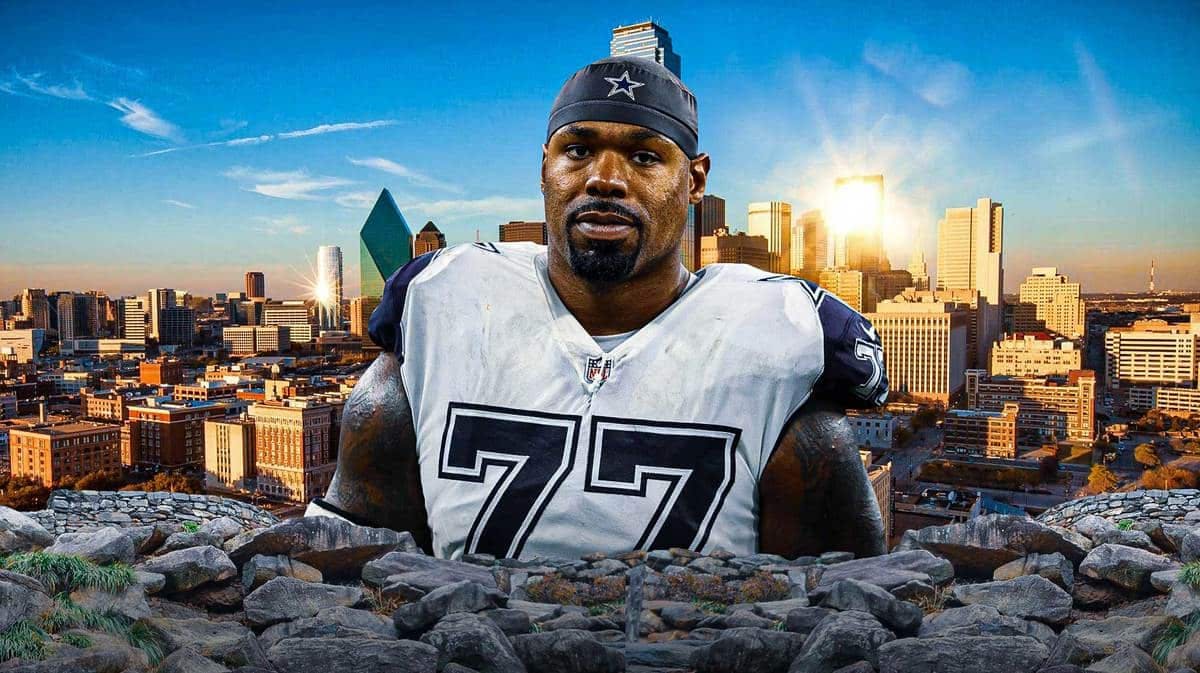 Dallas Cowboys star Tyron Smith in front of the city of Dallas.