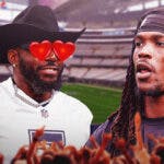 Cowboys Dez Bryant with hearts in his eyes looking at Raiders Davante Adams. Background is AT&T Stadium