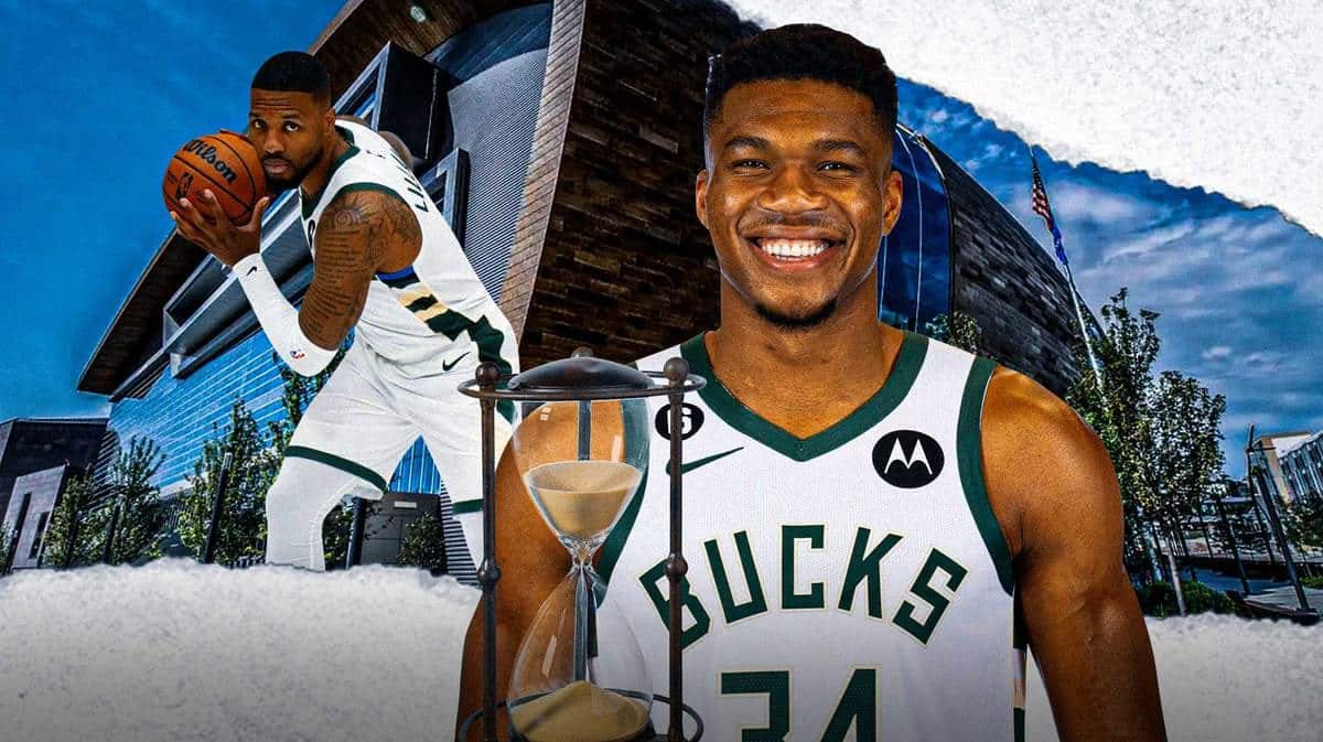 Bucks' Damian Lillard hyped up, with Giannis Antetokounmpo smiling while holding an hourglass