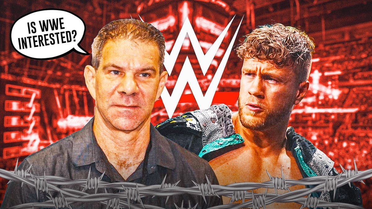 Dave Meltzer with a text bubble reading “Is WWE Interested?” next to Will Ospreay with the WWE logo as the background.