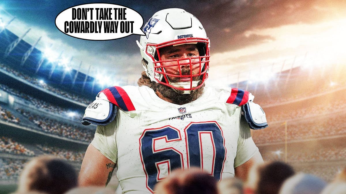 Patriots' David Andrews with quote bubble saying "Don't take the cowardly way out"
