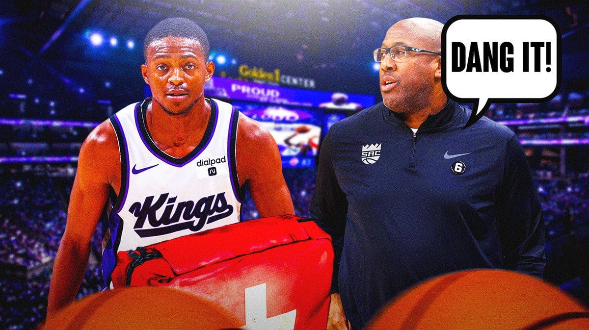 Kings' Mike Brown saying "dang it" next to De'Aaron Fox with red medical bag
