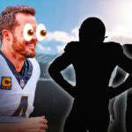 Derek Carr with eyes emoji and lookoing at 2 mystery players