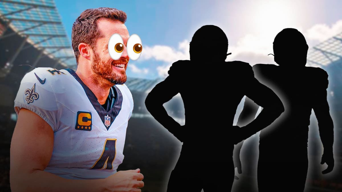 Derek Carr with eyes emoji and lookoing at 2 mystery players