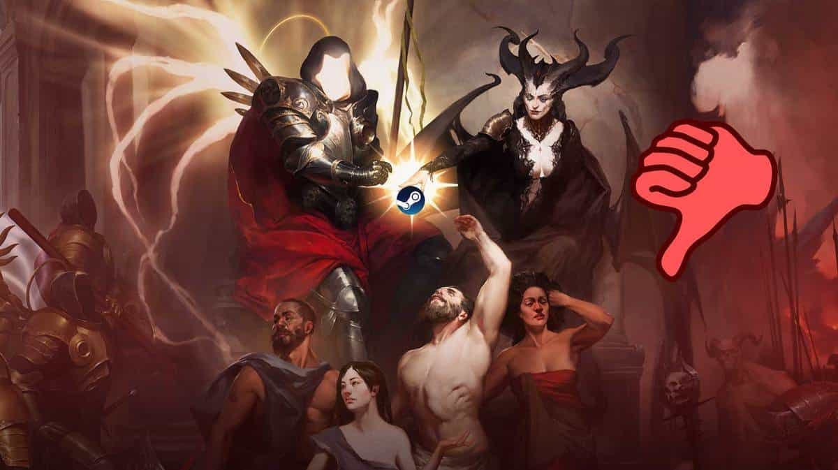 Diablo 4 wallpaper with Inarius and Lilith holding a Steam logo with a big red thumbs down icon to depict the review bombing of fans on Steam