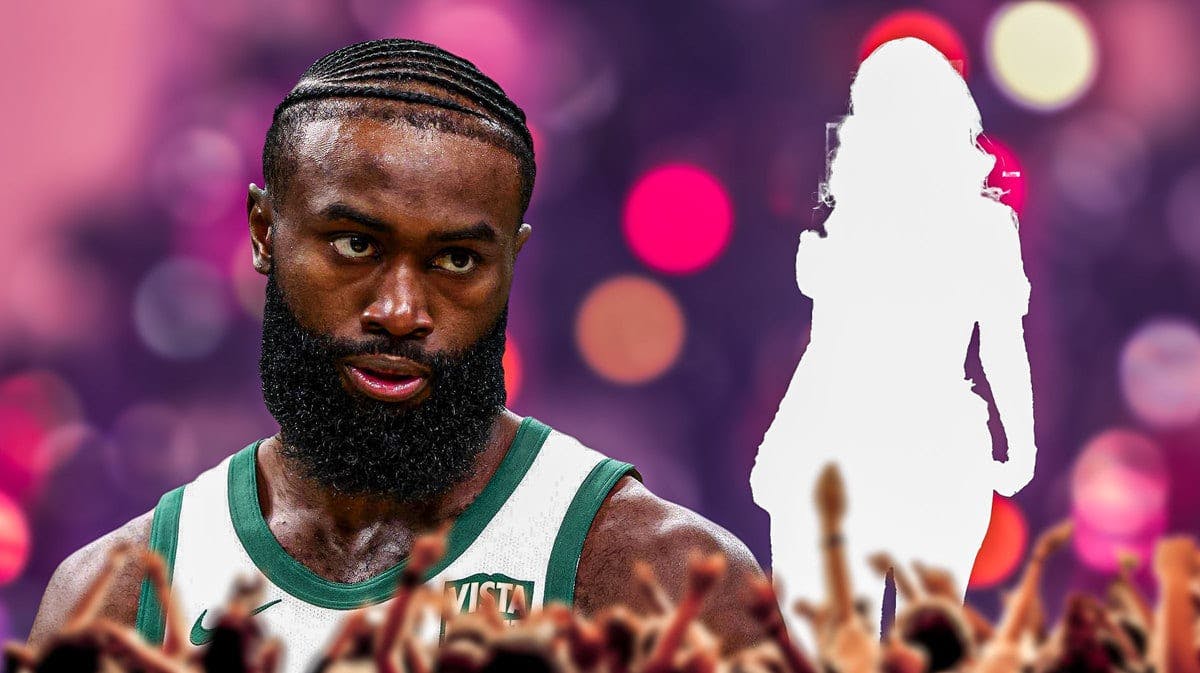 The Boston Celtics' Jaylen Brown next to a silhouette of a woman.