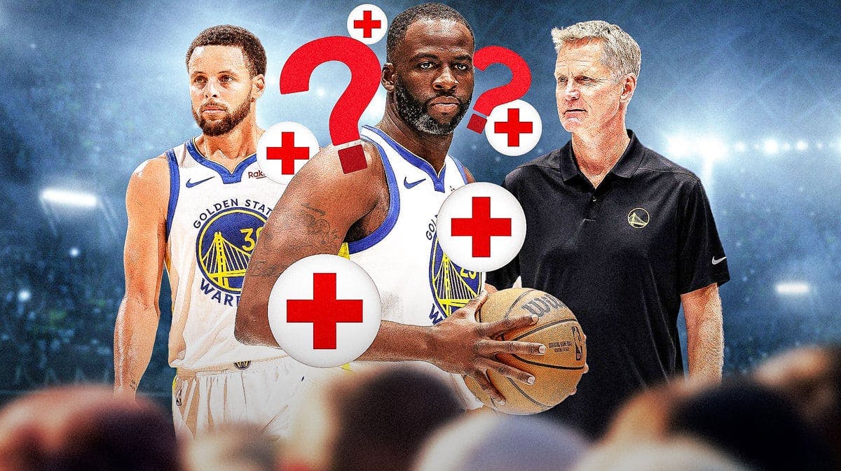 Warriors' Draymond Green looking worried in the middle, with question marks and injury logo beside/around him, with Stephen Curry and Steve Kerr looking concerned beside Green